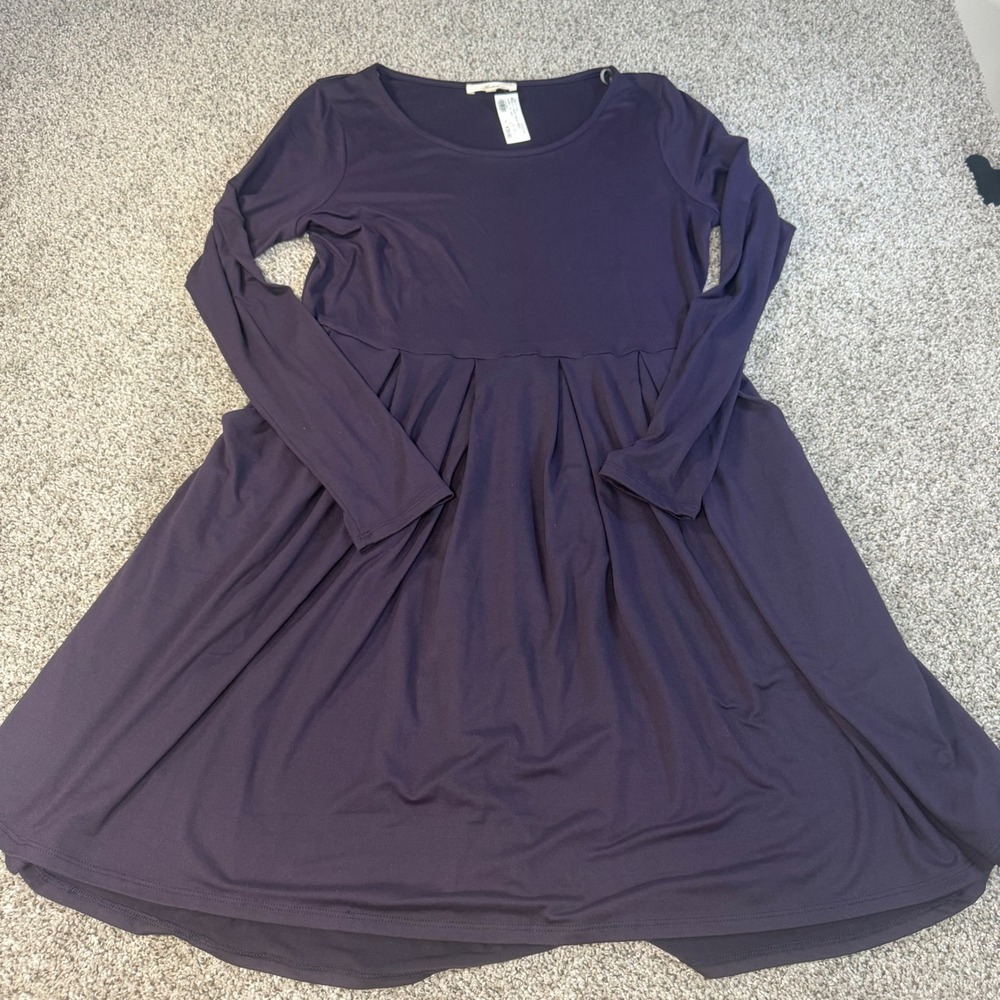 Andree by Unit Eggplant Purple Pleated Waist Long Sleeve Dress 7660P Medium NWT